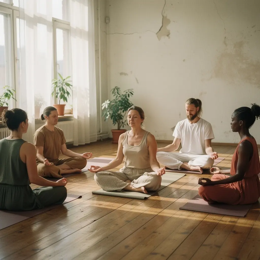Zbliżenie na dłonie osoby wykonującej technikę oddechową.