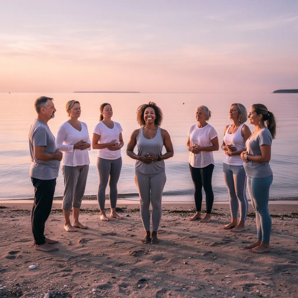 Zbliżenie na dłonie osoby wykonującej technikę oddechową, skupione na harmonii i równowadze.