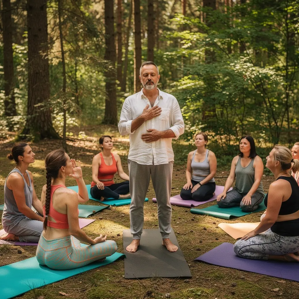 Zbliżenie na dłonie osoby wykonującej technikę oddechową, skupione na harmonii i równowadze.