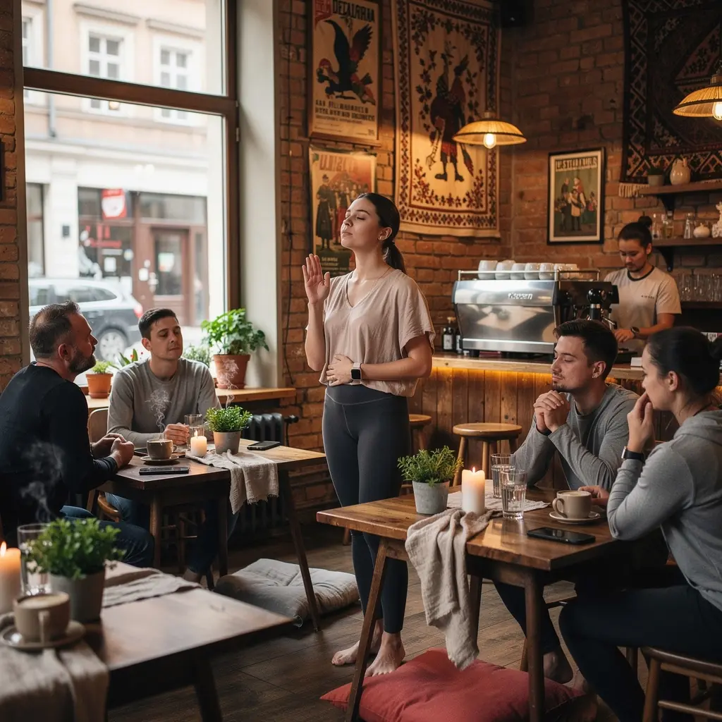 Zbliżenie na dłonie osoby wykonującej technikę oddechową, skupione na harmonii i równowadze.