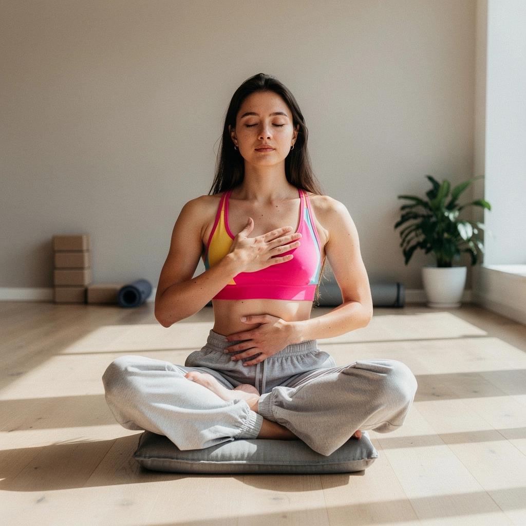 Osoba siedząca w pozycji lotosu, skoncentrowana na oddechu.